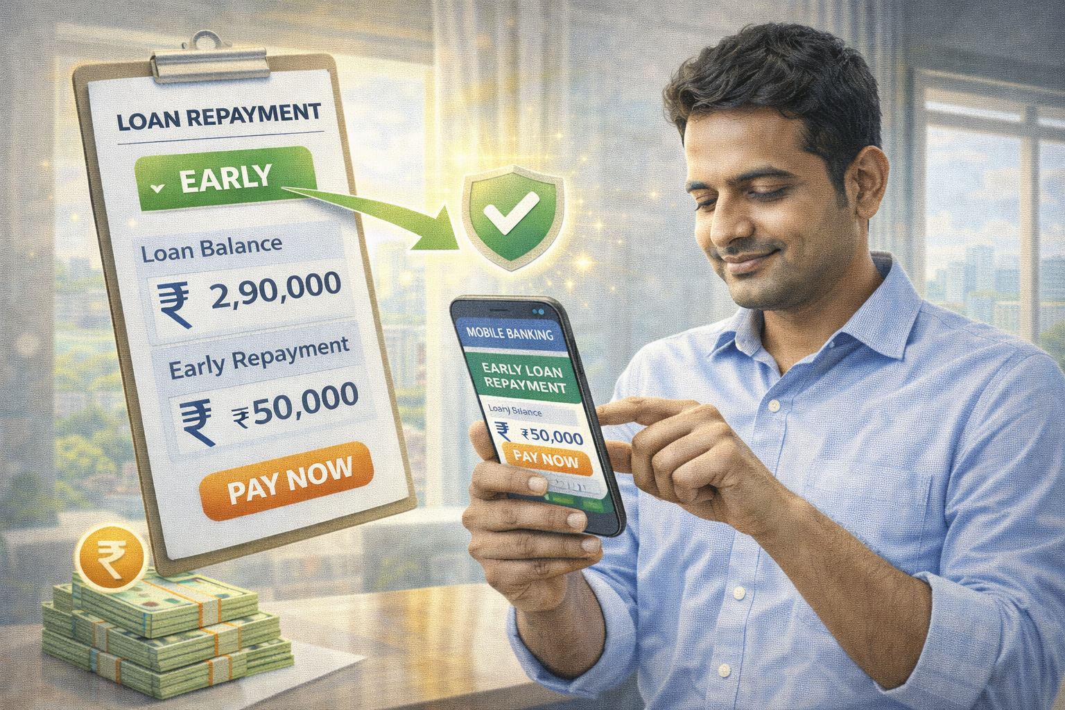 Indian borrower making early loan repayment through mobile banking app